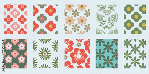 Collection of retro floral patterns with a mid century modern aesthetic and soft color palette