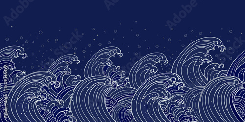 Stylized white line art of crashing ocean waves and bubbles on a dark blue background