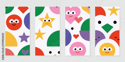 Cute and colorful geometric shapes with happy faces and stars in a playful abstract pattern