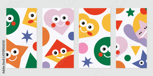 Four vertical panels featuring cute abstract shapes with happy faces in a playful colorful design