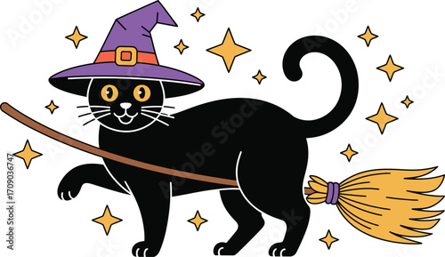 Black cat wearing witch hat flying on broomstick with stars