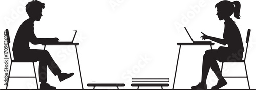 Black silhouette of a boy and a girl sitting at desks using laptops vector