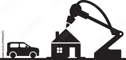 Black silhouette of a car and a house with a robotic arm spraying vehicle home