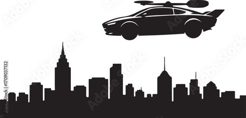 Black silhouette of a flying car above a city skyline vehicle transportation