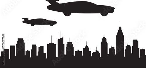Black silhouette of flying cars above a city skyline on white background vector