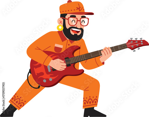 Cartoon guitarist man in orange outfit, electric guitar performance, hipster musician character, happy expression, red glasses, flat style, energetic musical pose.