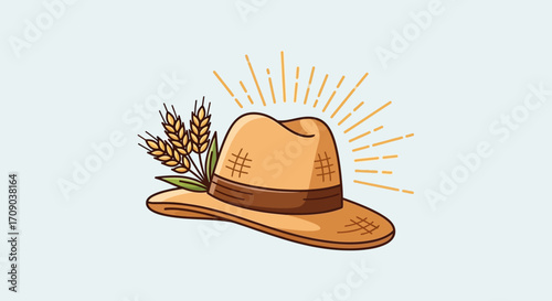 Straw Hat with Wheat and Leaves in Sunlight