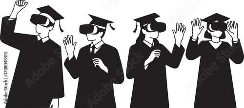 Four graduates in black gowns and caps wearing virtual reality headsets graduation VR headset