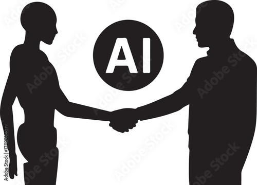 Silhouette of a person and an A I robot shaking hands with A I text in a circle artificial intelligence