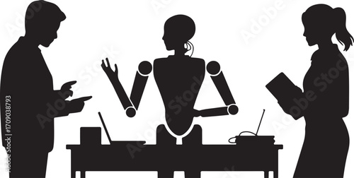 Silhouette of people and robot interacting at a desk with laptops android human
