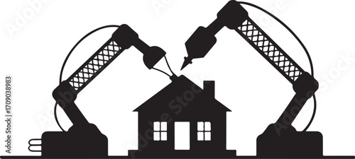 Black silhouette of robotic arms constructing a house construction home
