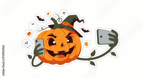 Halloween Pumpkin Selfie with Witch Hat and Ghosts.