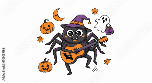 Halloween spider musician with pumpkins and ghost.