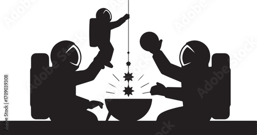 Three astronauts in silhouette working together on a space mission with glowing stars teamwork exploration