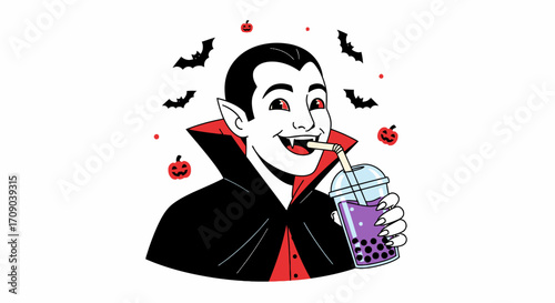 Vampire enjoying a bubble tea drink.