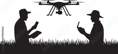 Two black silhouette figures in hats holding phones with a drone flying above them over grass technology