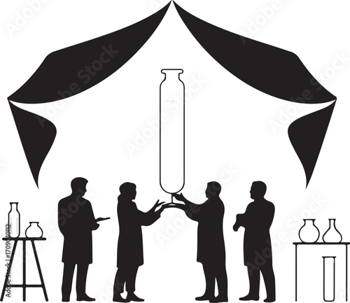 Silhouettes of scientists in lab coats gathered around a large test tube under a tent-like structure