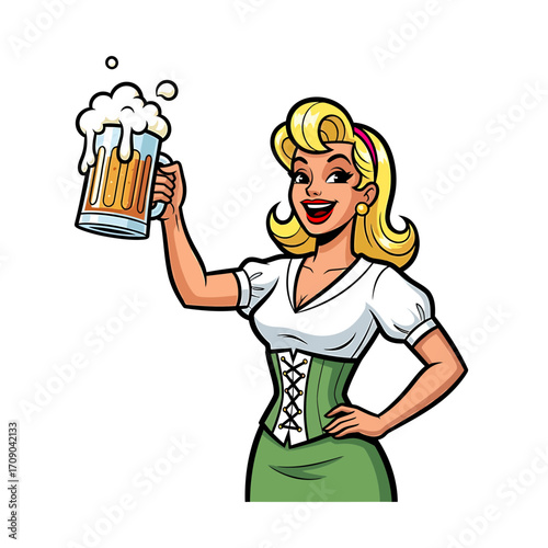 Cheerful Blonde Woman in Dirndl Toasting with Beer Stein