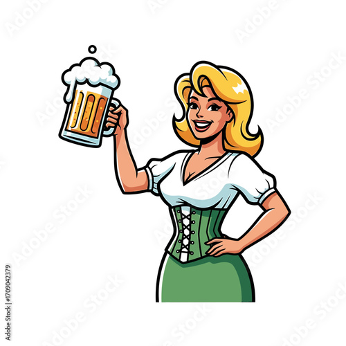 Cheerful Waitress with a Frothy Beer Mug