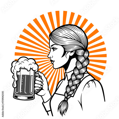 Woman with Long Braid Holding Frothy Beer Mug