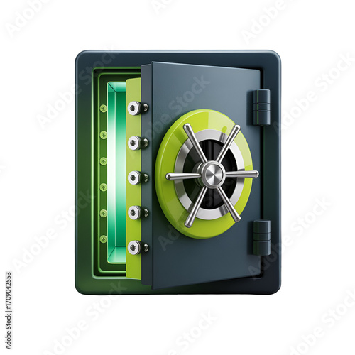 Open 3D Safe with Green Interior and Metal Dial on Black Background vault security