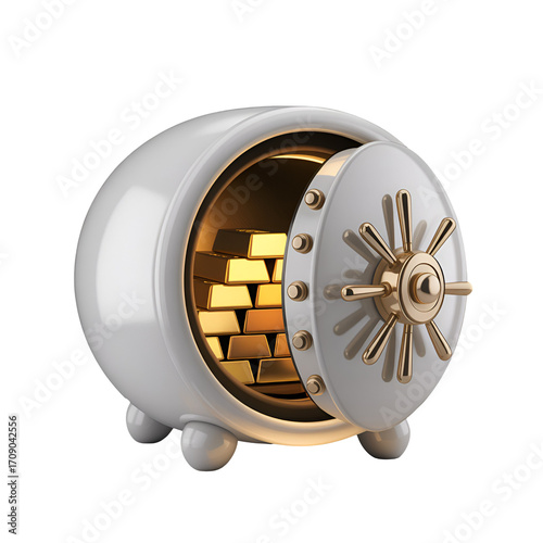 Open round white safe filled with gold bars on black background vault bullion