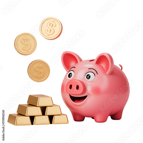 Pink 3D Piggy Bank with Gold Bars and Dollar Coins on Black Background money savings