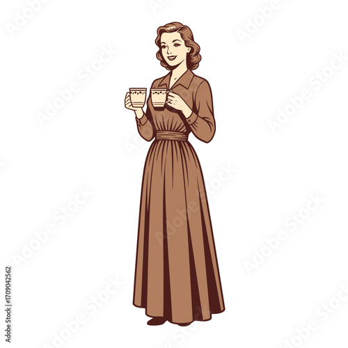 Smiling woman in long brown dress holding two patterned coffee cups