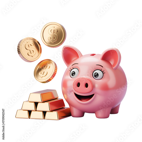 Pink 3D Piggy Bank with Gold Bars and Dollar Coins on Black Background money savings