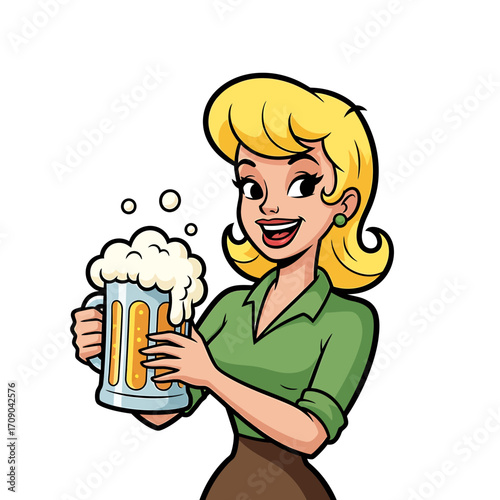 Smiling cartoon woman holding a frothy beer mug with visible bubbles