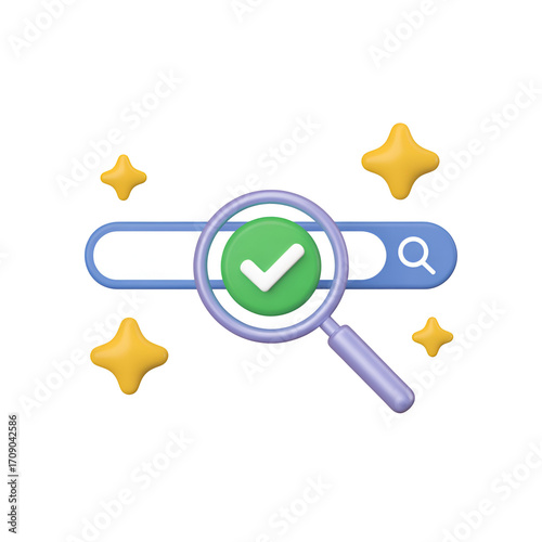Search bar with magnifying glass, green checkmark, and yellow stars success