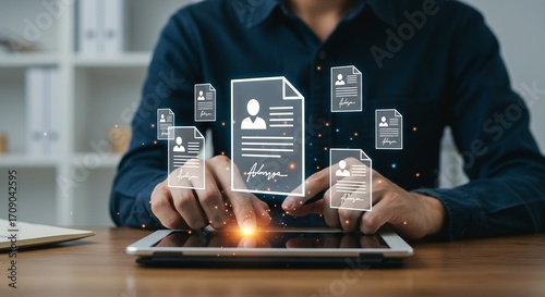 Digital documents on tablet. Man interacting with resume and contract graphics. Streamlined document workflow for HR or legal professional.