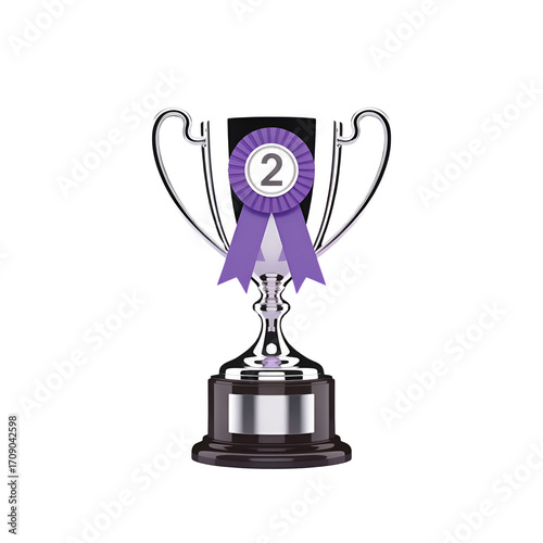 Silver trophy cup with purple ribbon and number 2 on black background award prize
