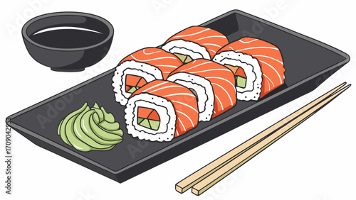 Delicious Sushi Rolls on a Black Plate with Wasabi and Soy Sauce.