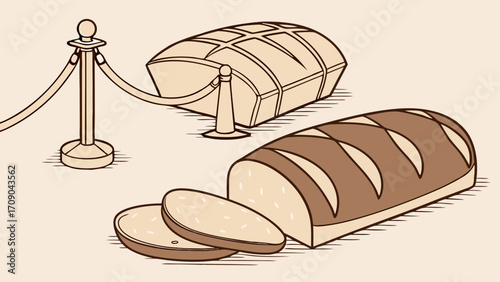 Illustrative drawing of loaf of bread behind velvet rope, with slices in foreground.
