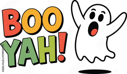 Cartoon ghost saying Boo Yah with colorful text vector