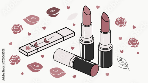 Isometric illustration of lipsticks, cosmetic products, makeup, beauty, roses, hearts, and floral design