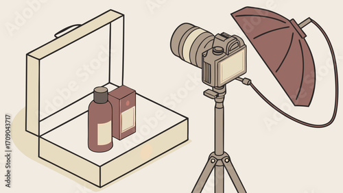 Isometric illustration of product photography setup with camera lighting and bottles.
