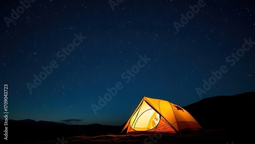 Cozy tent glowing under a starry night sky, with mountain silhouettes in the background.