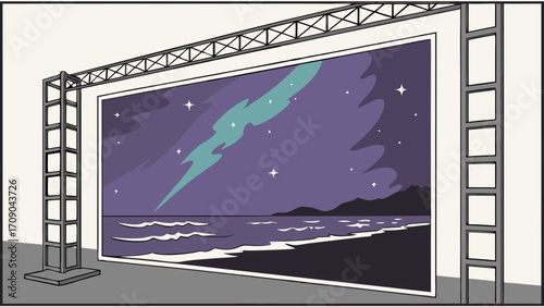 Large format artwork depicting a night seascape with aurora borealis, displayed on a metal structure
