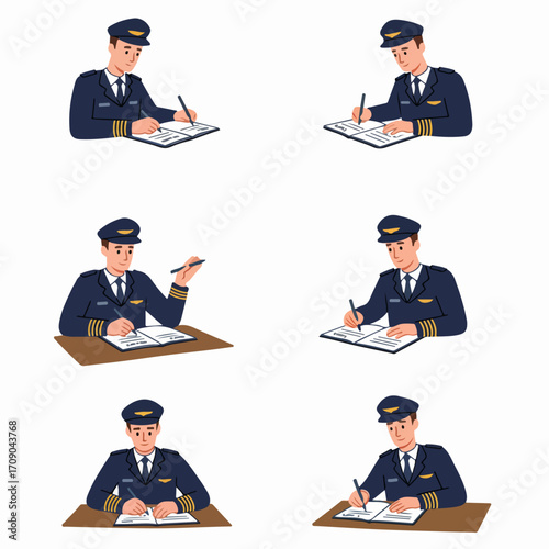 Illustrations of a male airline pilot in uniform, diligently writing or completing paperwork, symbolizing aviation duties and professional responsibilities.