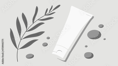 Minimalist cosmetic tube mockup with botanical elements grey background flat lay style beauty product branding template.