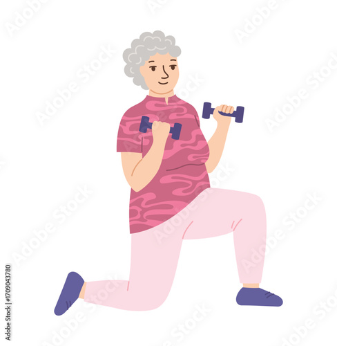 Elderly women doing sports exercises with dumbbells. Health exercise adult lady senora on rehabilitation. Characters old lady therapeutic fitness gymnastics, yoga class, Pilates vector design