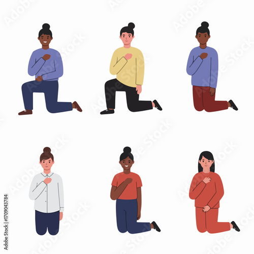Diverse individuals showing respect and solidarity with a hand over their heart, pledging allegiance or sincerity in a modern flat illustration style.