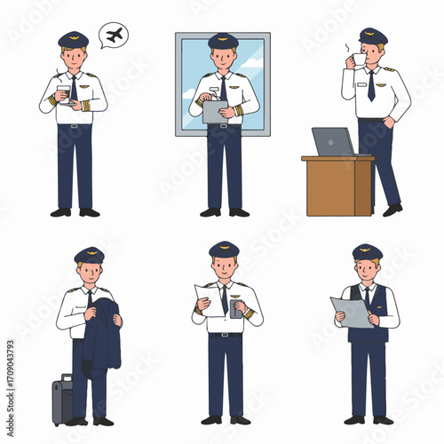Daily routine and professional life of an airline pilot, showcasing various tasks and moments in aviation career.