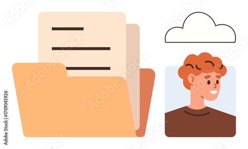 Open folder with documents, a profile photo, and a cloud icon for digital organization, personal data storage. Ideal for cloud technology, profile management, digital file sharing, data security