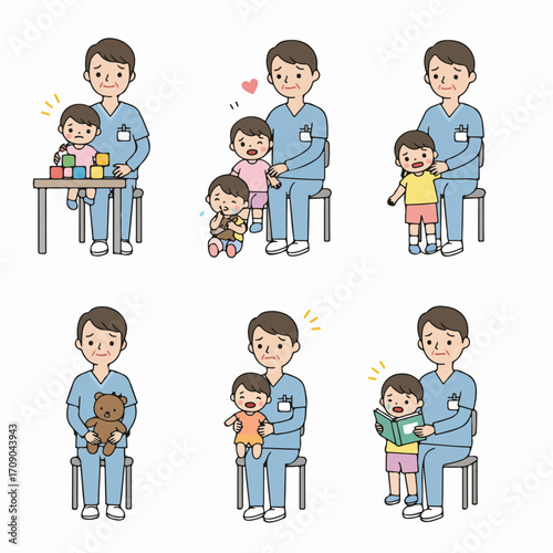 Diverse interactions of a caring male professional with children, showing empathy and emotional support in a childcare setting.