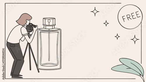 Photographer taking picture of perfume bottle product photography minimalist design free template advertising marketing beauty cosmetic fragrance scent illustration graphic vector si.