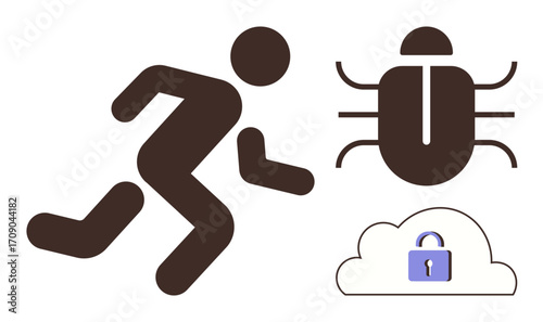 Person running from bug representing malware and secured cloud with padlock, symbolizing cybersecurity. Ideal for tech security, privacy, hacking threats, data protection, online safety, software