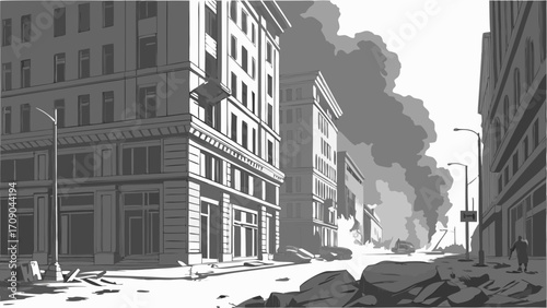 Post-apocalyptic city street scene grayscale illustration urban destruction disaster ruin rubble damaged buildings smoke monochrome dystopian devastation catastrophe city landscape d.